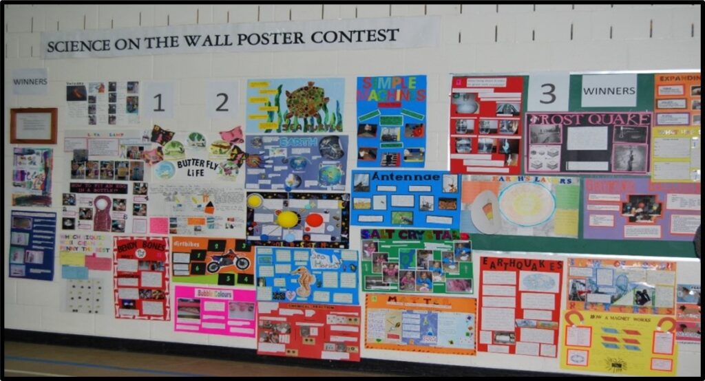 Science posters displayed on the wall at a previous fair